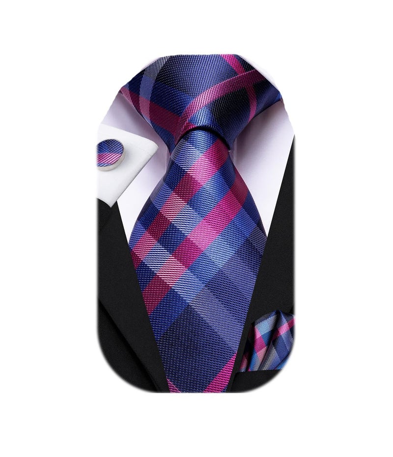 Dubulle Mens Pink Blue Checks Striped Tie WOVEN Necktie for Men and Handkerchief Cufflinks Set Wedding Formal Business - Image 1